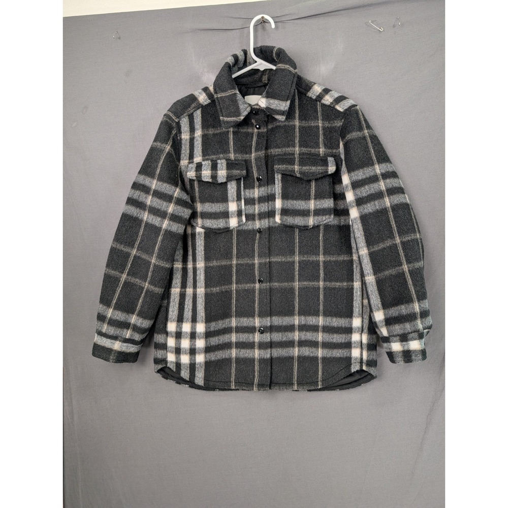 HM Plaid Flannel Shacket Gray White Button Front Shirt Jacket XS